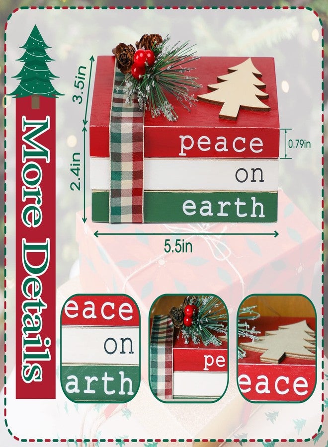 KORMMCO Christmas Wood Book Stack, Christmas Tiered Tray Decor, Peace on Earth Mini Faux Decorative Books with Pine Berry, Farmhouse Book Decor for Home Table Mantle Shelf - Image 3